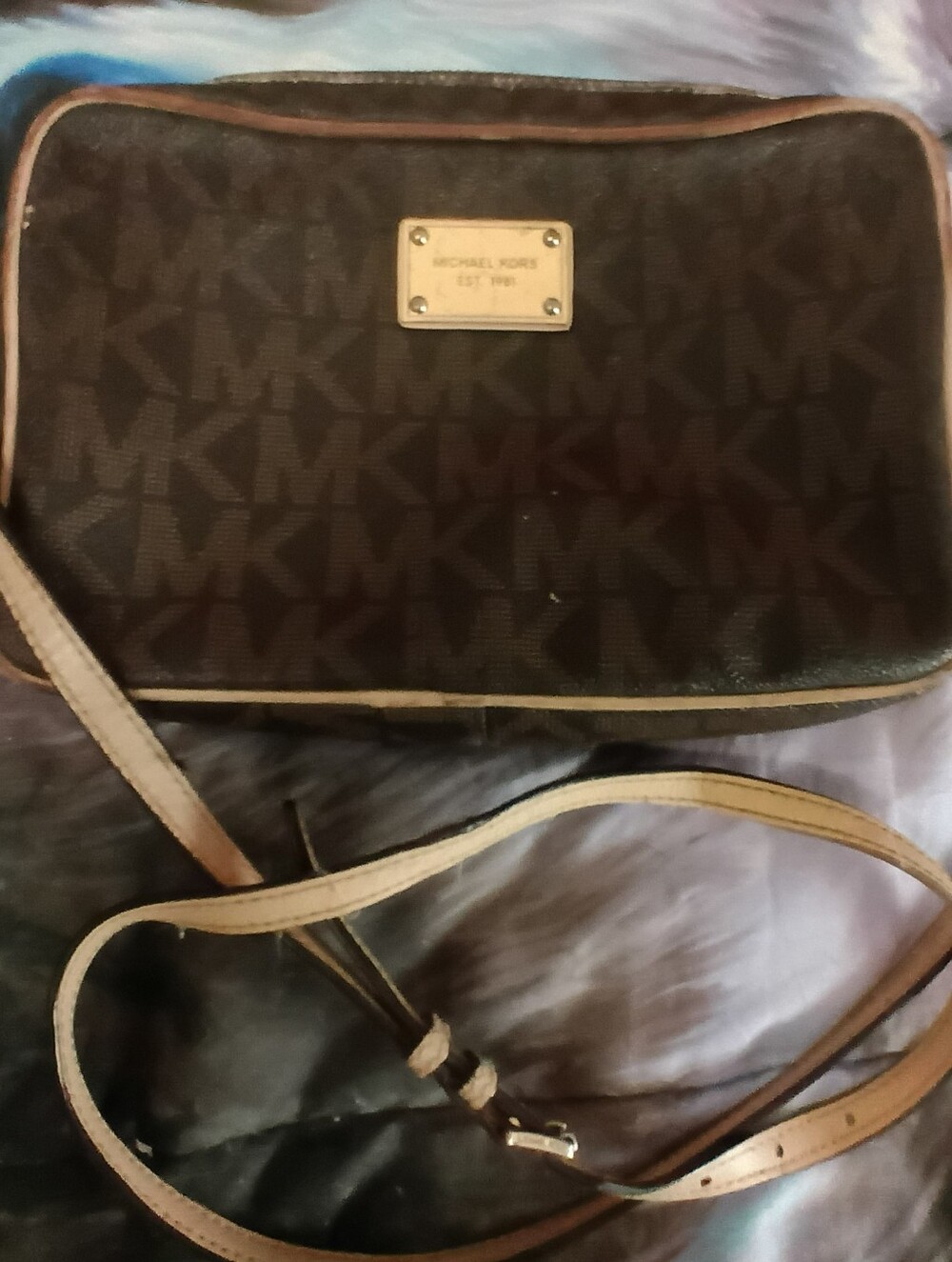 Michael Kors Dark Brown MK Logo Crossbody with Light Tan Trim